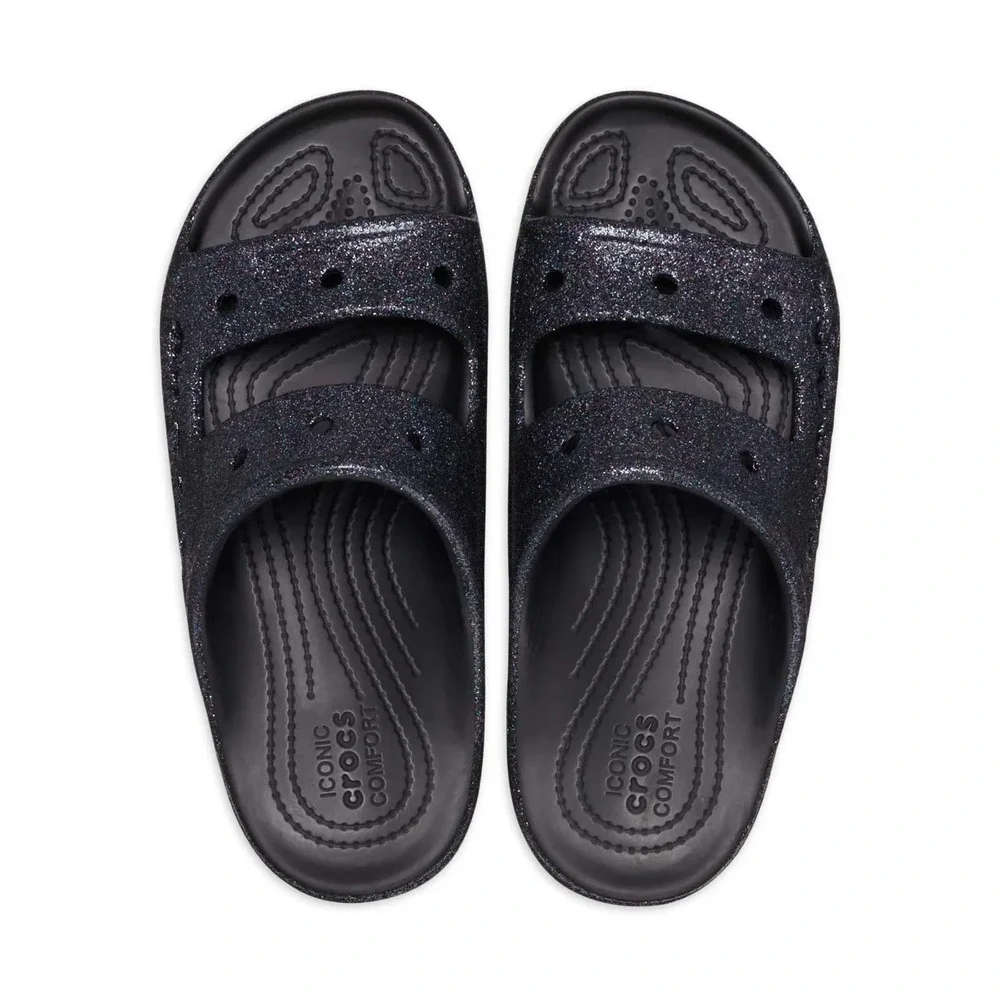 Crocs Unisex Sandals Size 13 Black Glitter Baya Slide Water Friendly Comfort